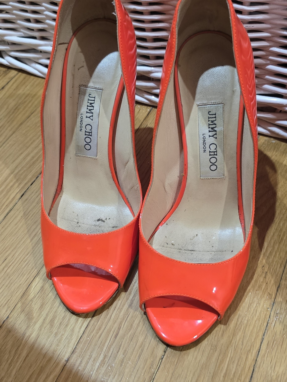 Jimmy Choo Bright Orange Patent Peep-Toe Pumps